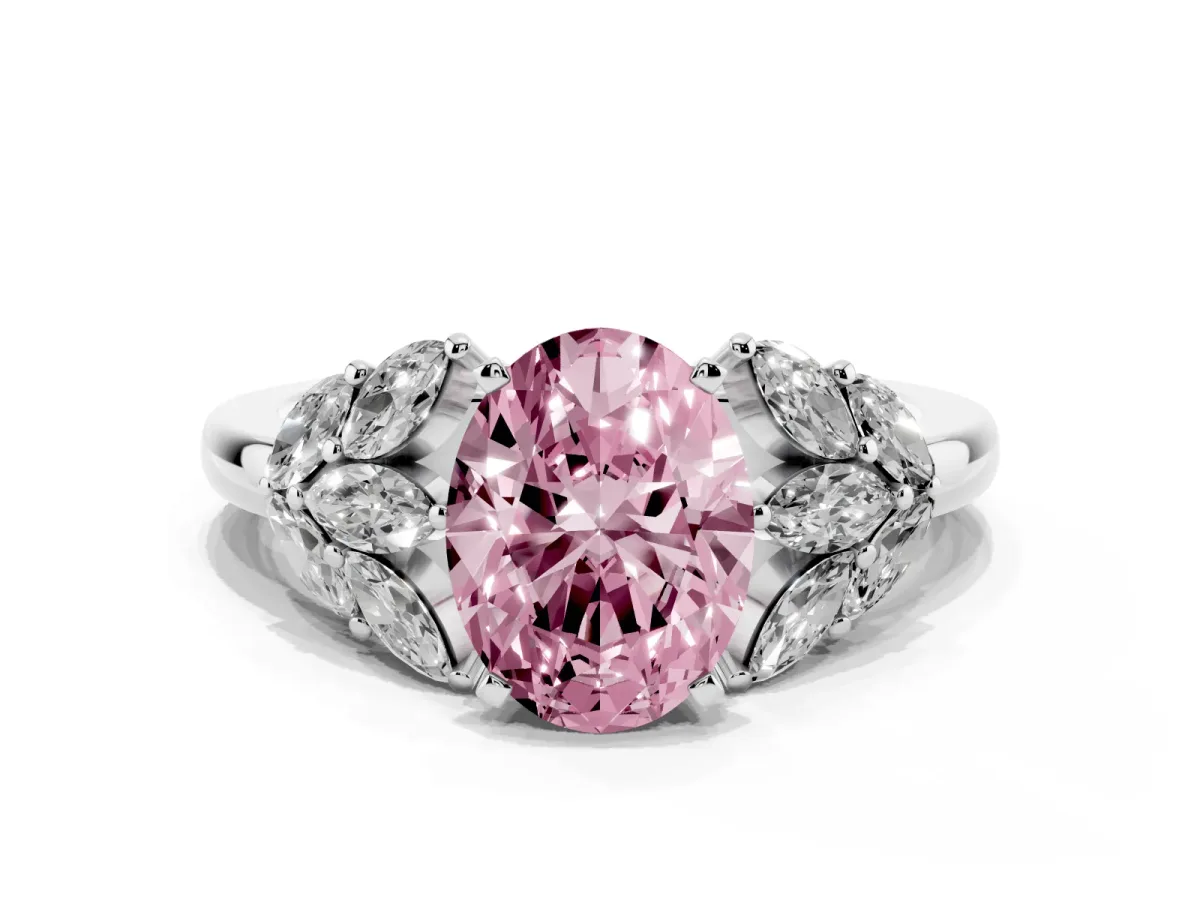 Fancy Pink Oval Cut Diamond Cluster Leaf Design Ring with Prong Setting Platinum