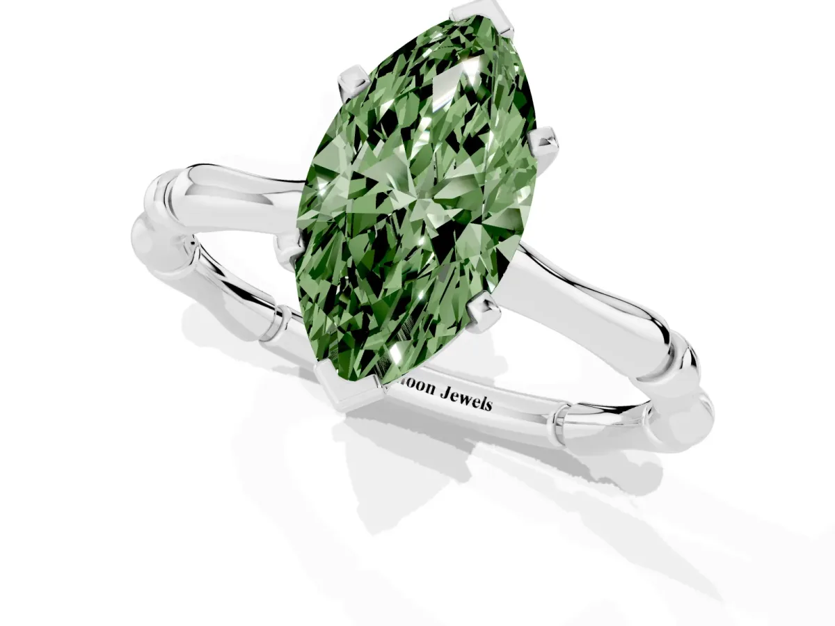 Fancy Green Marquise Cut Solitaire Diamond Ring with Bamboo Band and Four-Prong Setting Silver