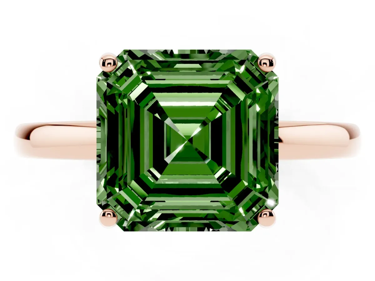Fancy Green Asscher Cut Solitaire Diamond Ring with Prong Setting and Plain Band Rose gold
