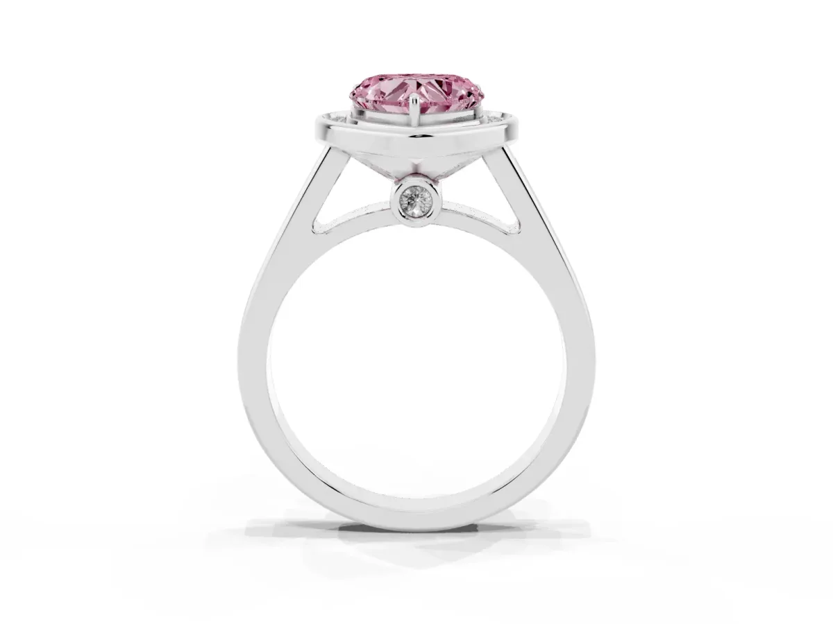 Fancy Pink Heart Cut Halo Solitaire Diamond Ring with Pave Band and Bezel Setting Silver