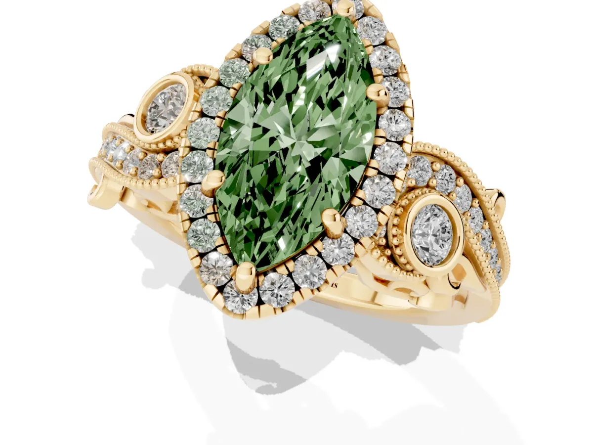 Fancy Green Marquise Cut Halo Diamond Ring with Milgrain and Bezel Accents on a Split Shank Band Yellow gold