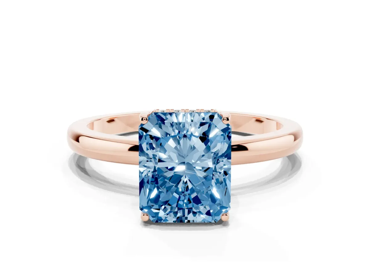 Fancy Blue Radiant Cut Solitaire Diamond Ring with Prong Setting and Plain Band Rose gold