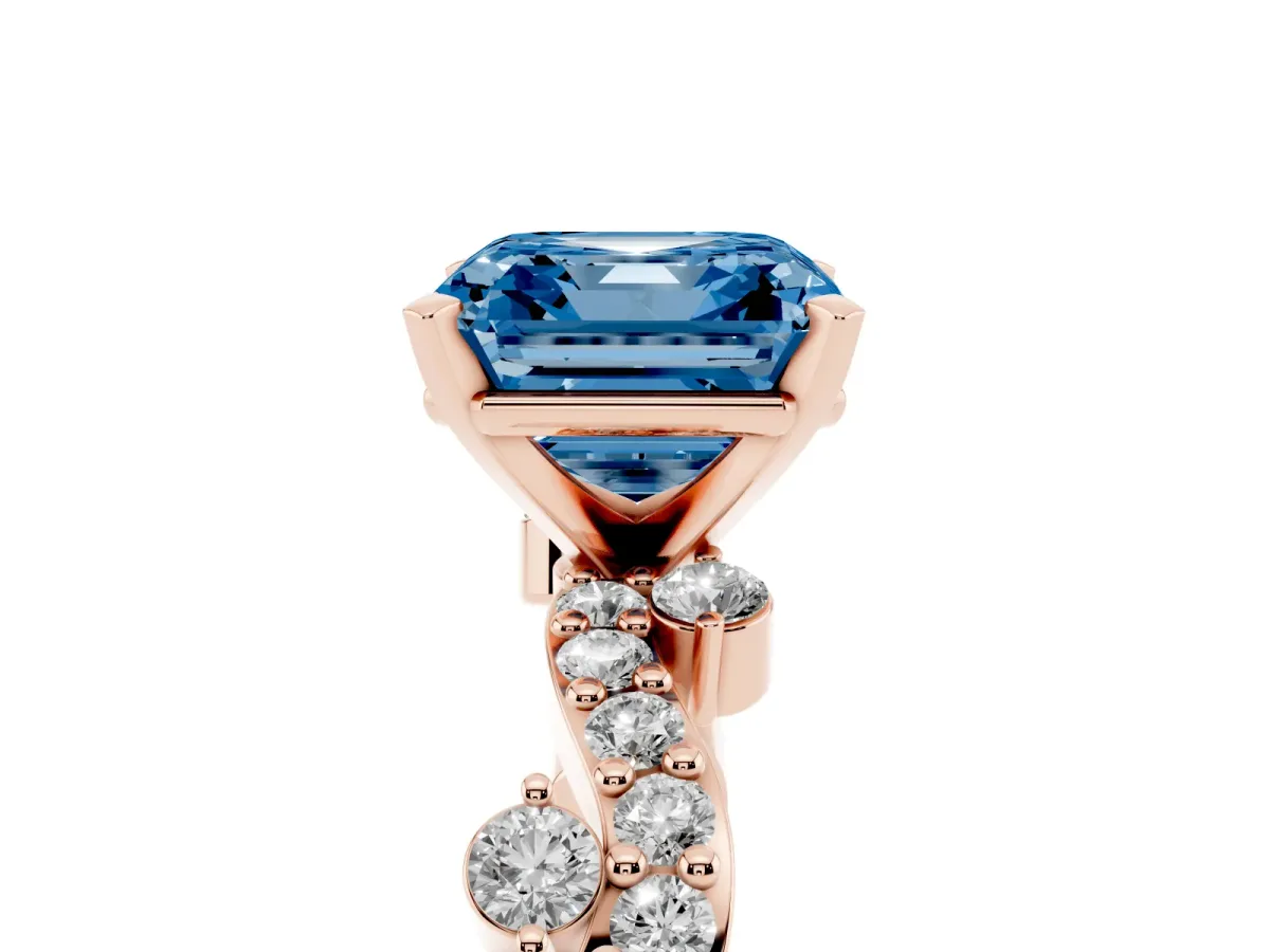 Fancy Blue Asscher Cut Cut Solitaire Diamond Twisted Band with Pave Setting Rose gold
