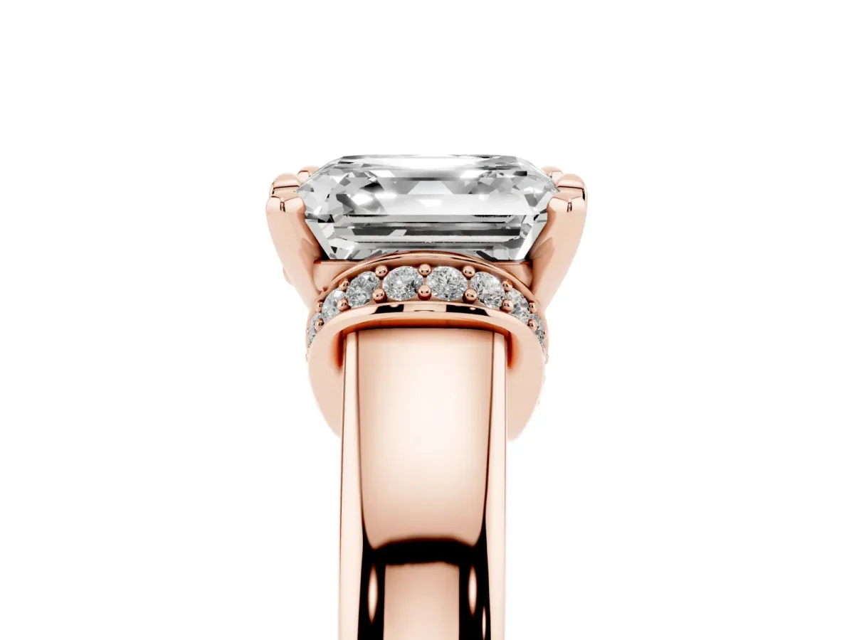 Asscher Cut Solitaire Diamond Ring with Pave Band and Six-Prong Setting Rose gold