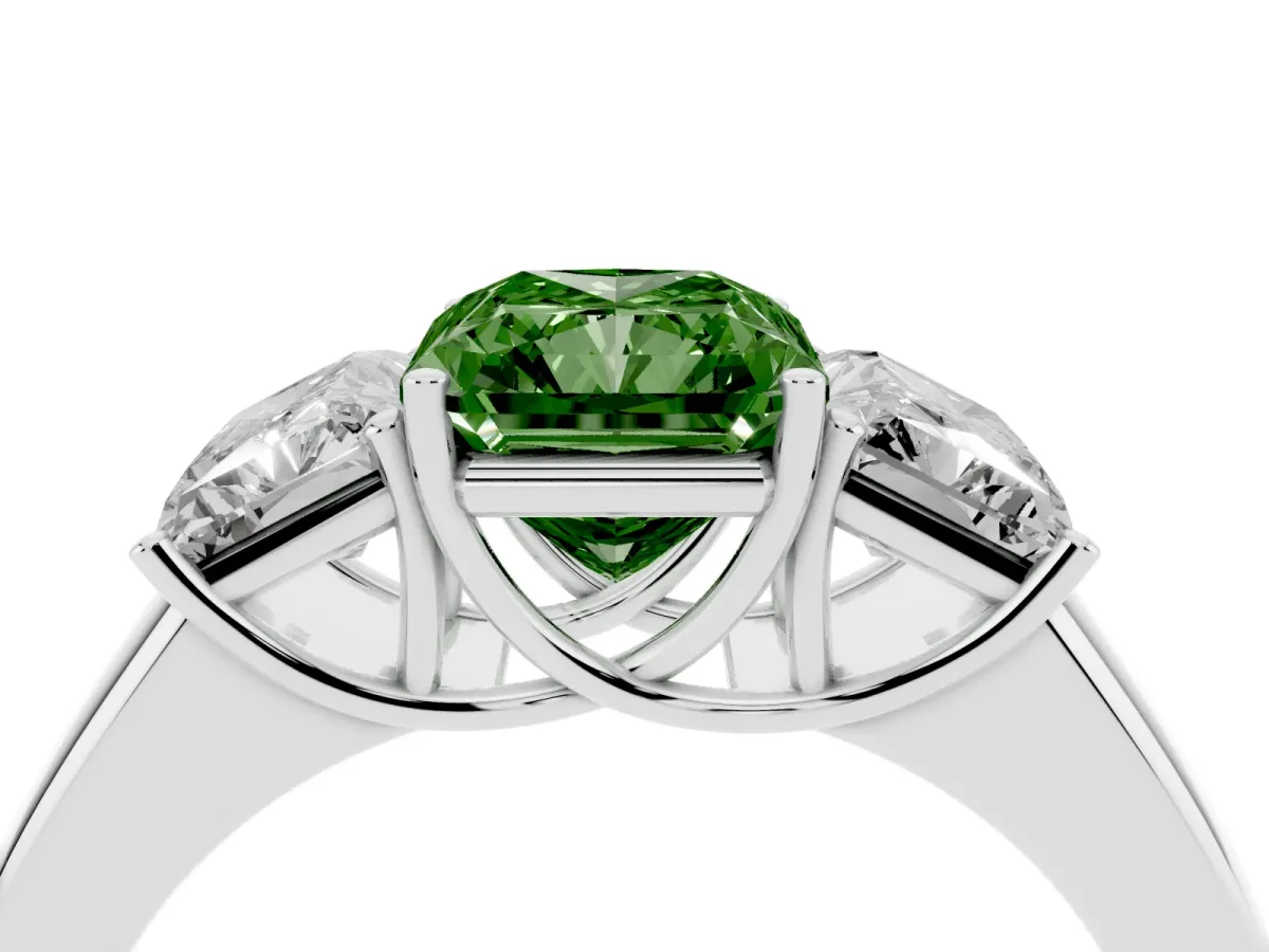 Fancy Green Three-Stone Radiant Cut Cut Diamond Ring with Prong Setting and Classic Band Silver