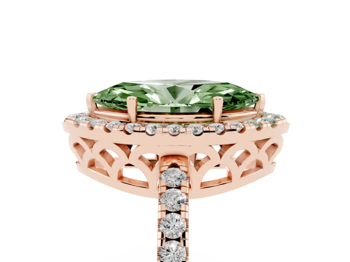 Fancy Green Marquise Cut Halo Diamond Engagement Ring with Pavé Band and Four-Prong Setting Rose gold