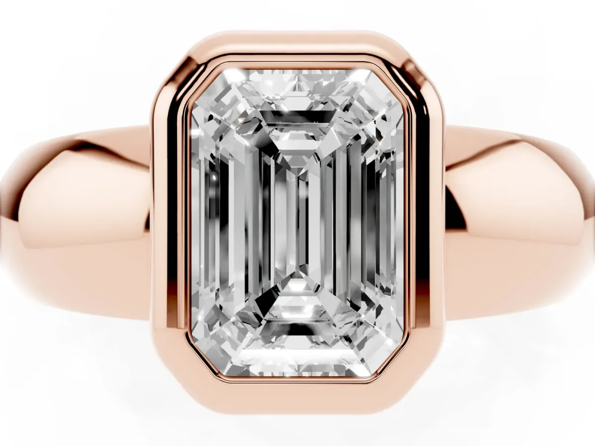 Bezel Set Emerald Cut Solitaire Ring with Wide Band Rose gold