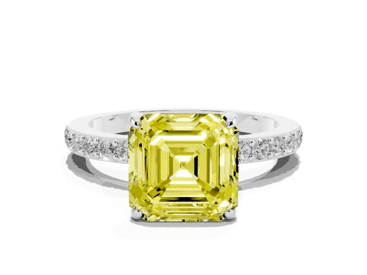 Fancy Yellow Asscher Cut Diamond Pavé Engagement Ring with Round Accents and Prong Setting Silver