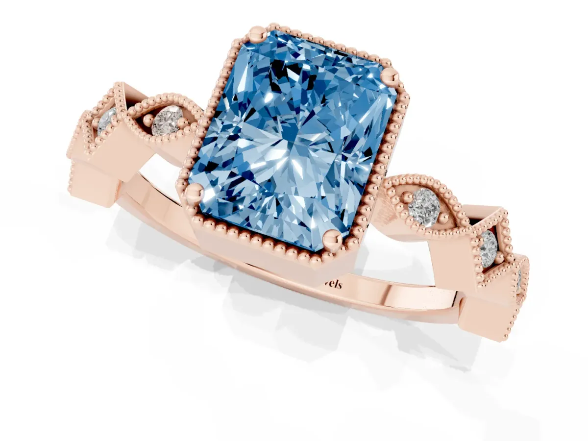 Fancy Blue Radiant Cut Milgrain Marquise Diamond Twist Band Ring Rose gold