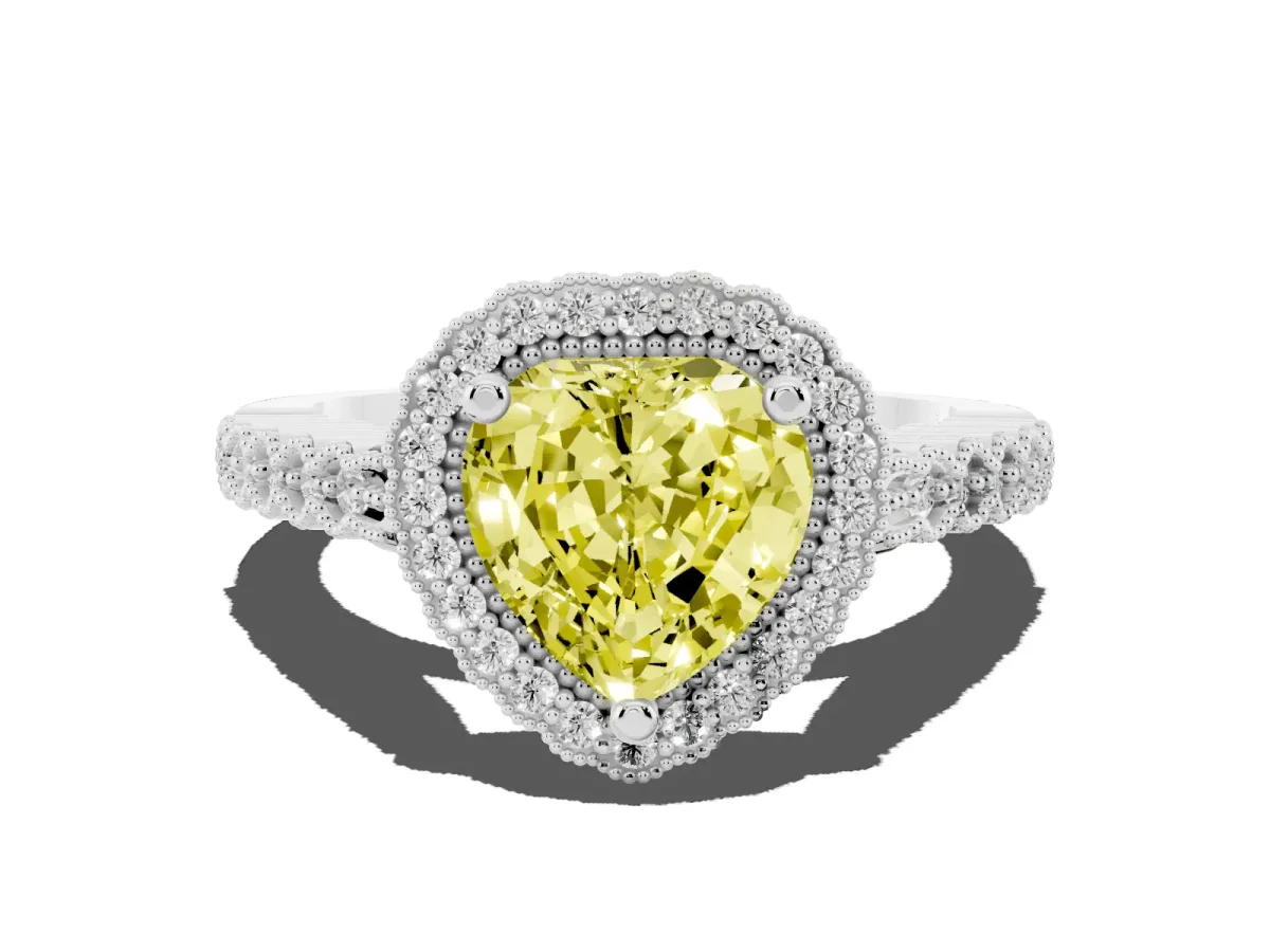 Fancy Yellow Heart Cut Cut Halo Pavé Solitaire Ring with Milgrain Band Silver