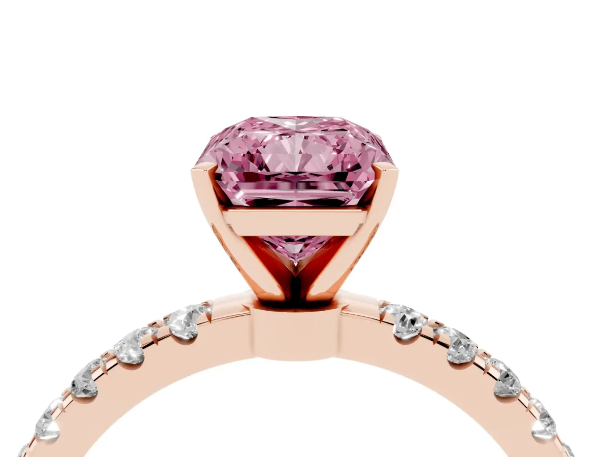Fancy Pink Radiant Cut Diamond Solitaire Ring with Pavé Accents and Four-Prong Setting Rose gold