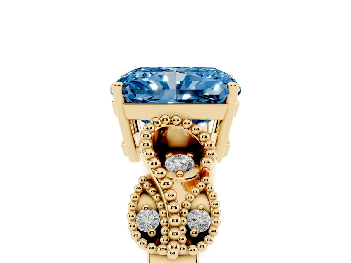 Fancy Blue Princess Cut Solitaire Milgrain Leaf Band with Prong Setting Yellow gold