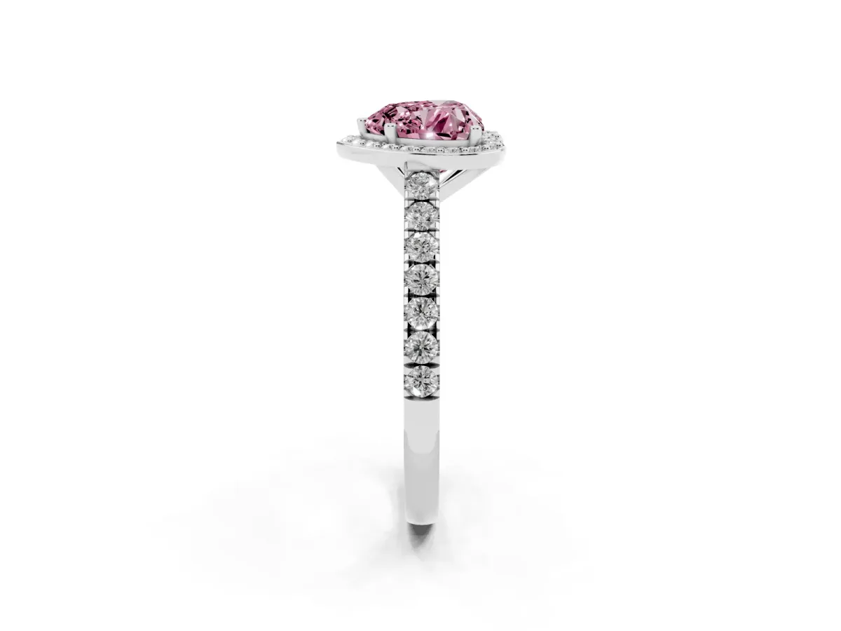 Fancy Pink Heart Cut Cut Halo Diamond Engagement Ring with Pave Band and Four-Prong Setting Silver