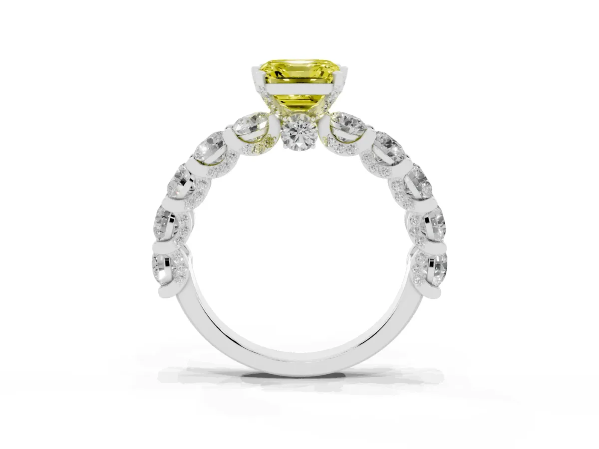 Fancy Yellow Asscher Cut Diamond Side Stone Engagement Ring with Four-Prong Setting White gold
