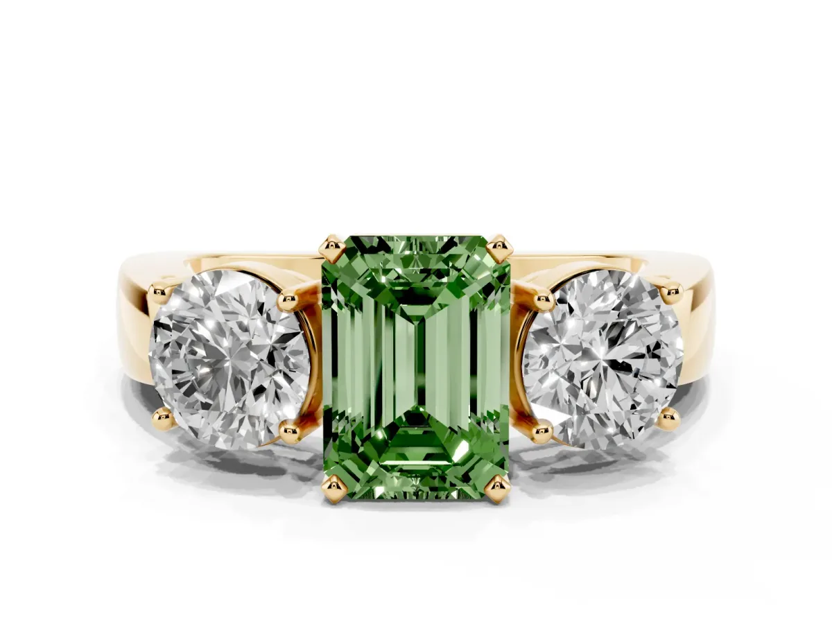 Fancy Green Three-Stone Emerald Cut Diamond Ring with Round Side Stones, Classic Band, and Four-Prong Setting Yellow gold