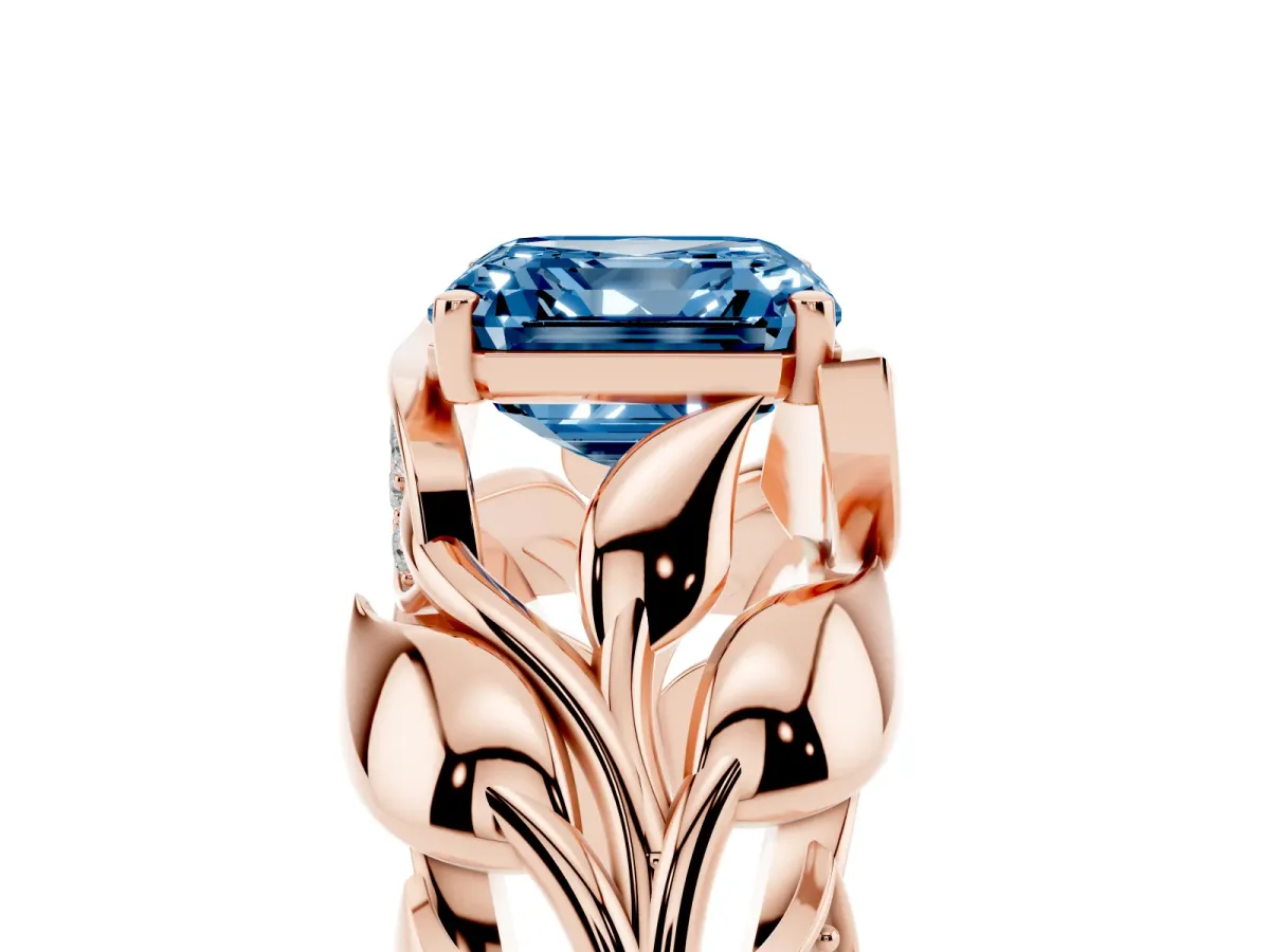 Fancy Blue Asscher Cut Diamond Leaf-Inspired Engagement Ring with Round Accents and Prong Setting Rose gold