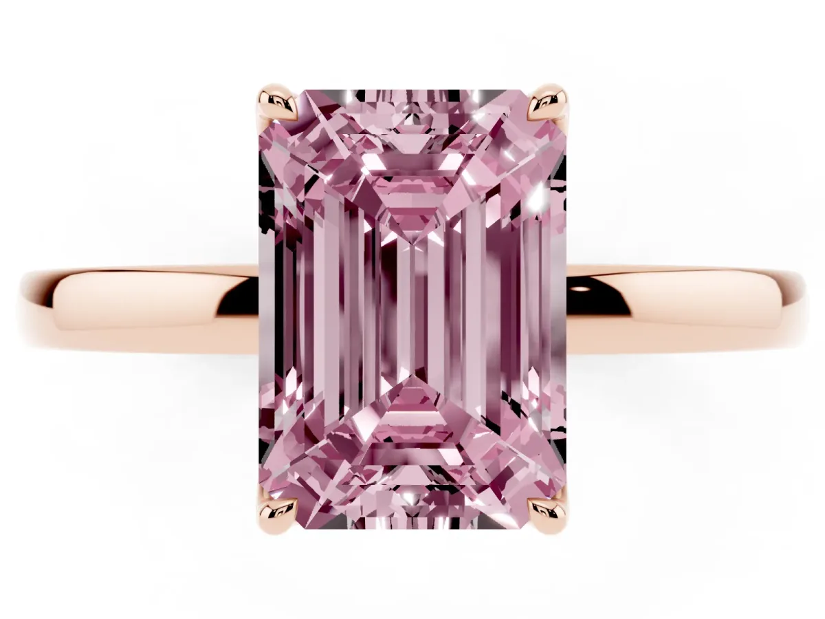 Fancy Pink Emerald Cut Diamond Solitaire Ring with Thin Band and Prong Setting Rose gold
