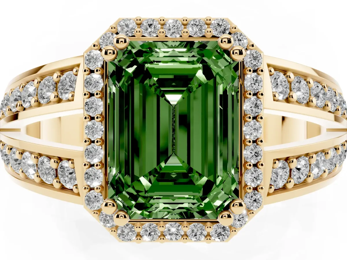 Fancy Green Emerald Cut Diamond Halo Ring with Split Shank Pavé Band and Four-Prong Setting Yellow gold