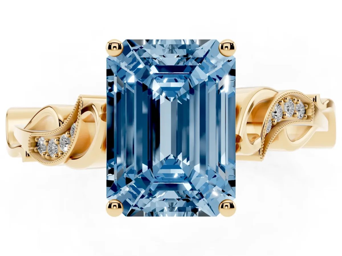Fancy Blue Emerald Cut Solitaire Vine Band with Milgrain Prong Setting Yellow gold