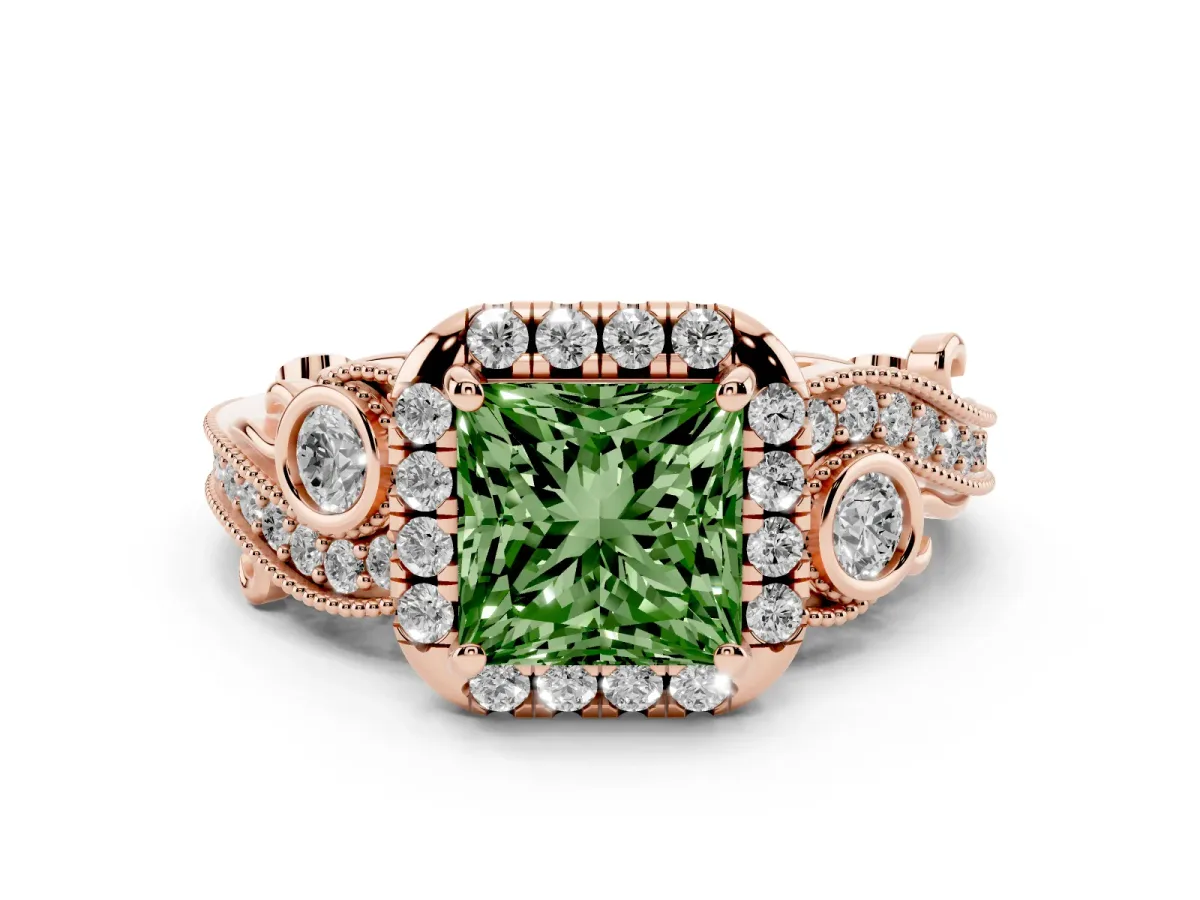 Fancy Green Princess Cut Diamond Halo Ring with Milgrain Pavé Band and Four-Prong Setting Rose gold