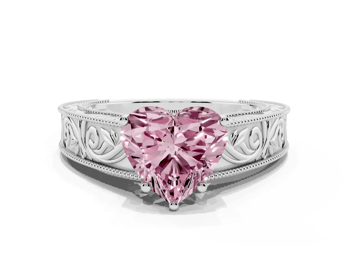 Fancy Pink Heart Cut Diamond Solitaire Ring with Engraved Band and Four-Prong Setting Platinum