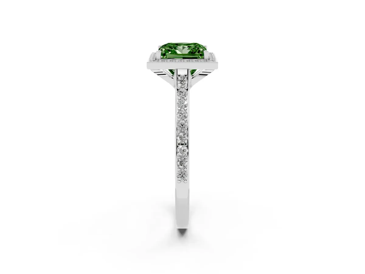 Fancy Green Princess Cut Diamond Halo Engagement Ring with Round Pavé Shoulders and Prong Setting Silver
