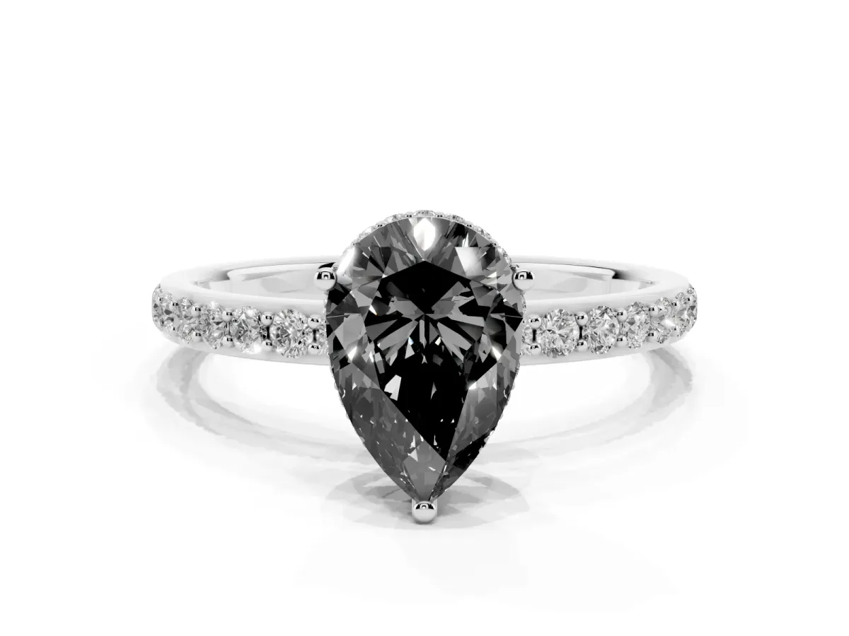 Fancy Black Pear Cut Diamond Solitaire Ring with Pavé Band and Hidden Halo Silver