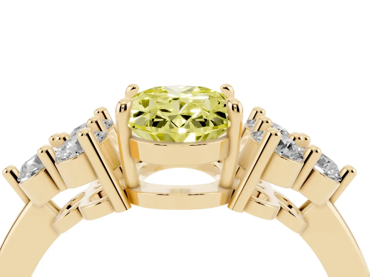 Fancy Yellow Oval Cut Brilliant Diamond Cluster Accent Solitaire Ring with Prong Setting Yellow gold