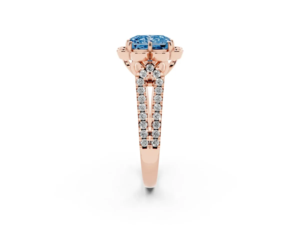 Fancy Blue Radiant Cut Halo Diamond Floral Split Shank Engagement Ring Rose gold