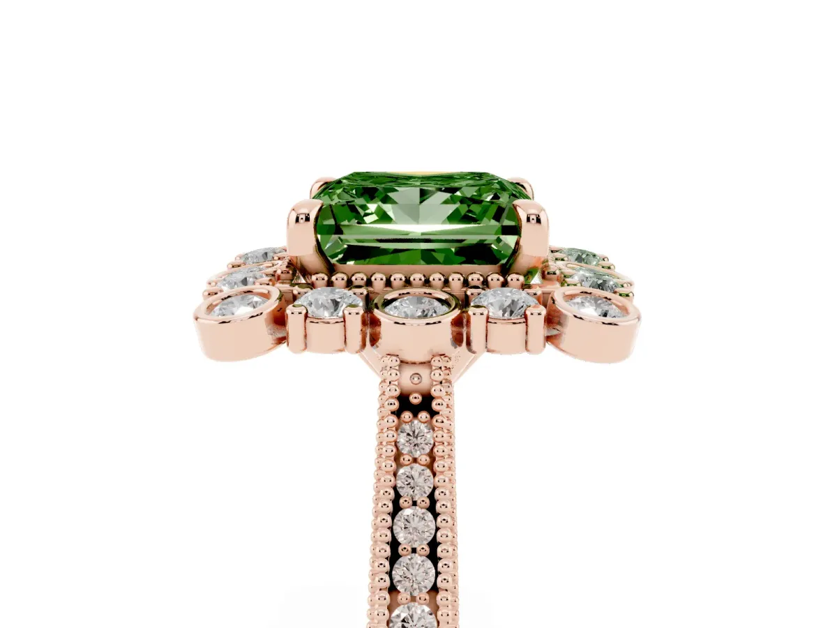Fancy Green Princess Cut Halo Milgrain Pave Diamond Ring with Four-Prong Setting Rose gold