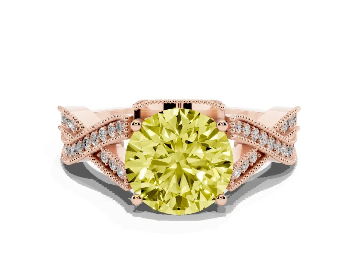 Fancy Yellow Round Cut Cut Diamond Twisted Band with Milgrain Pave Setting and Four-Prong Setting Rose gold