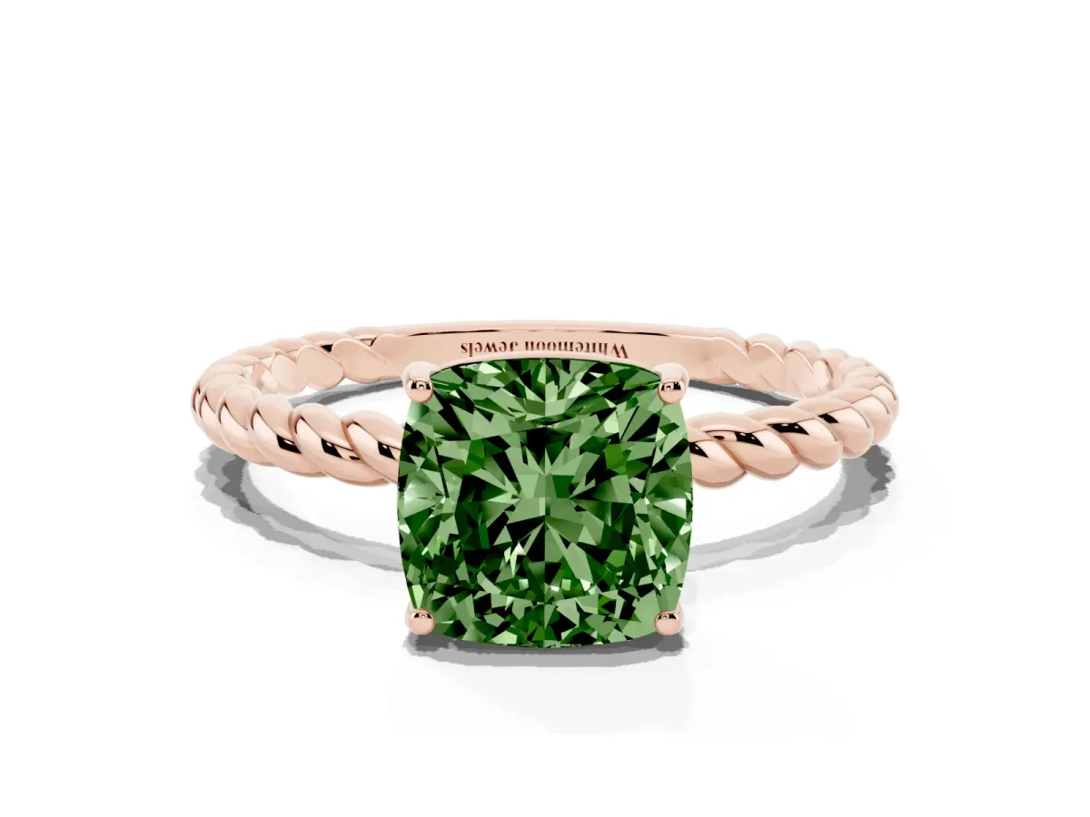 Fancy Green Cushion Cut Solitaire Twist Band Ring with Four-Prong Setting Rose gold