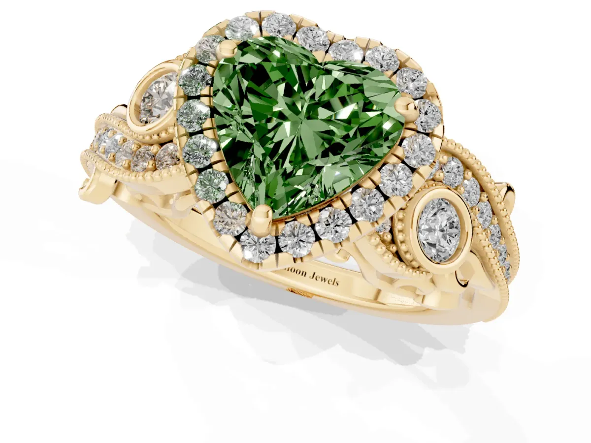 Fancy Green Heart Cut Diamond Halo Ring with Milgrain Pavé Band and Four-Prong Setting Yellow gold