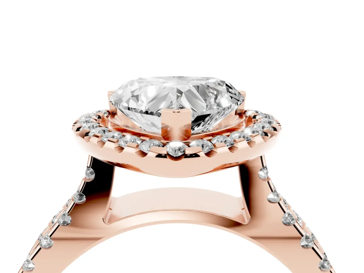 Heart Cut Diamond Halo Ring with Split Shank Pavé Band and Prong Setting Rose gold