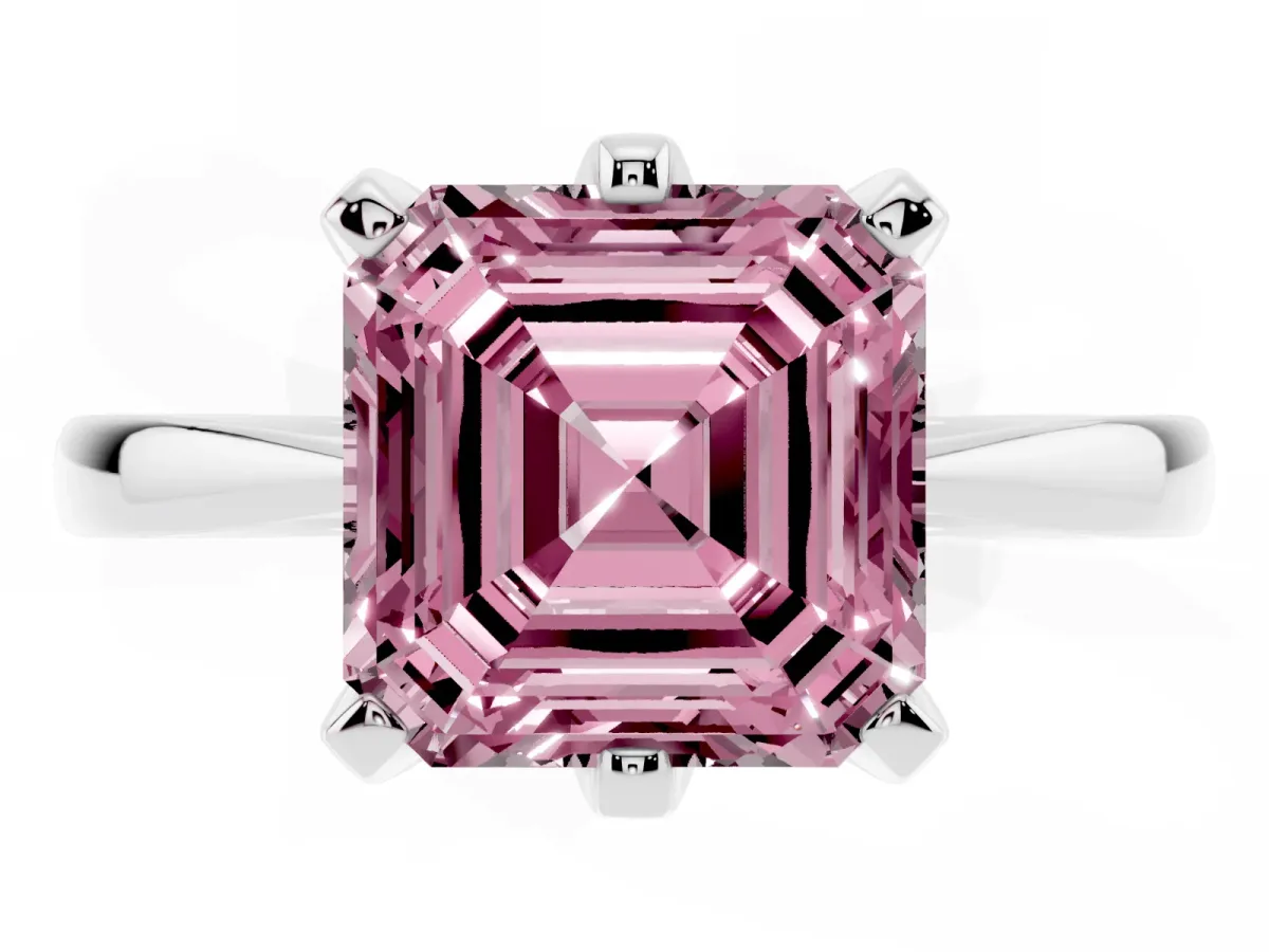 Fancy Pink Asscher Cut Solitaire Engagement Ring with Six-Prong Setting and Tapered Band White gold