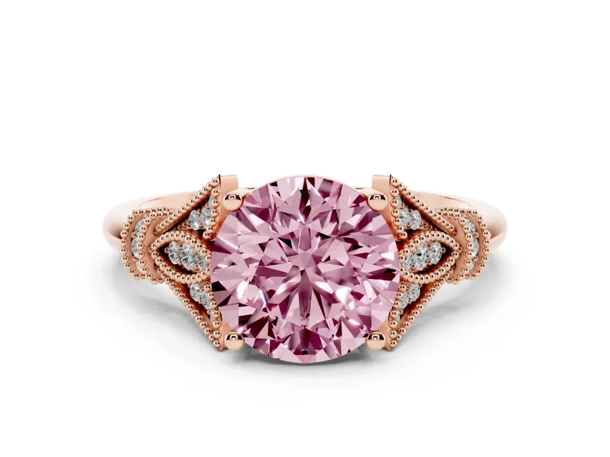 Fancy Pink Round Cut Diamond Solitaire Ring with Floral Filigree and Pave Accents Rose gold