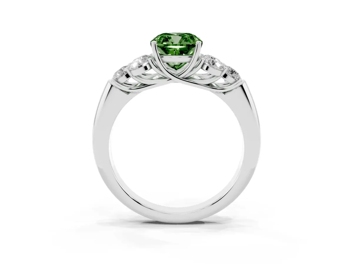 Fancy Green Cushion Cut Cut Diamond Cluster Ring with Round Accent Stones and Prong Setting on a Classic Band White gold