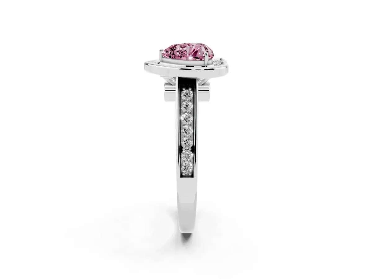 Fancy Pink Heart Cut Halo Solitaire Diamond Ring with Pave Band and Bezel Setting Silver