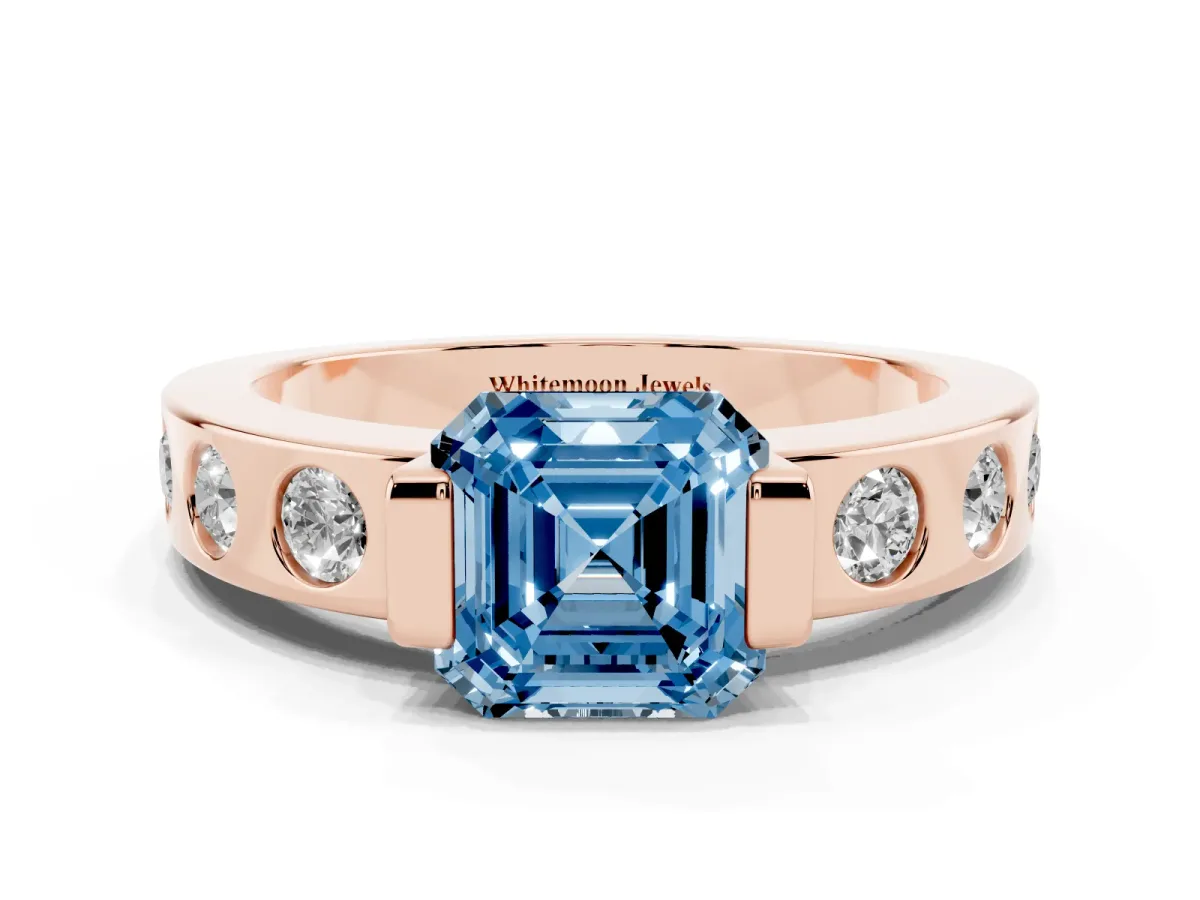 Fancy Blue Asscher Cut Brilliant Channel-Set Diamond Ring with Bezel Prong Setting Rose gold