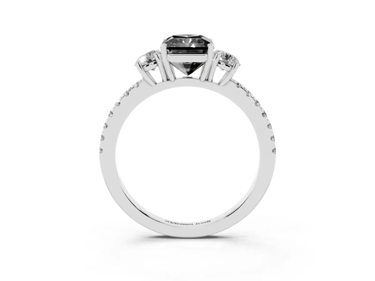 Fancy Black Three-Stone Radiant Cut Cut Diamond Pavé Band with Prong Setting Silver