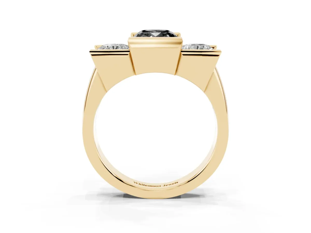 Fancy Black Three Stone Cushion Cut Cut Channel Set Diamond Ring Yellow gold