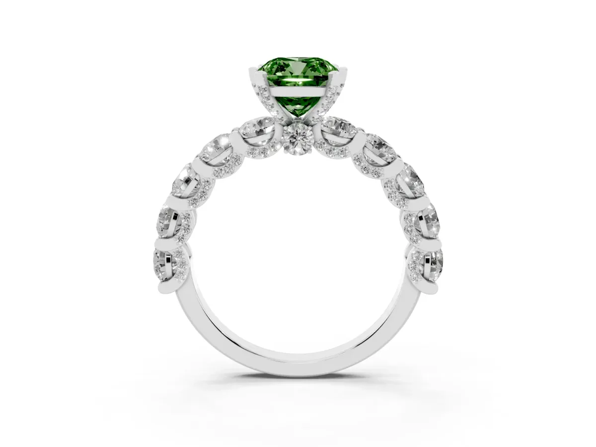 Fancy Green Cushion Cut Diamond Side Stone Engagement Ring with Four-Prong Setting Platinum