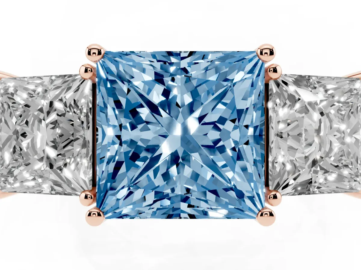 Fancy Blue Three-Stone Princess Cut Cut Diamond Engagement Ring with Flat Band and Four-Prong Setting Rose gold