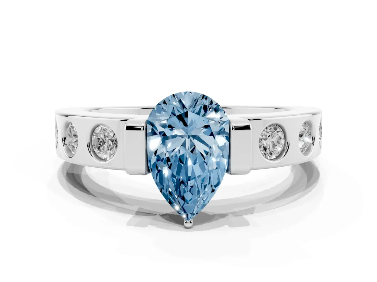 Fancy Blue Pear Cut Brilliant Channel-Set Diamond Ring with Bezel Prong Setting Silver