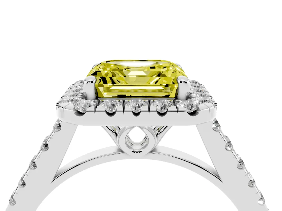 Fancy Yellow Asscher Cut Halo Pavé Diamond Engagement Ring with Four-Prong Setting Silver