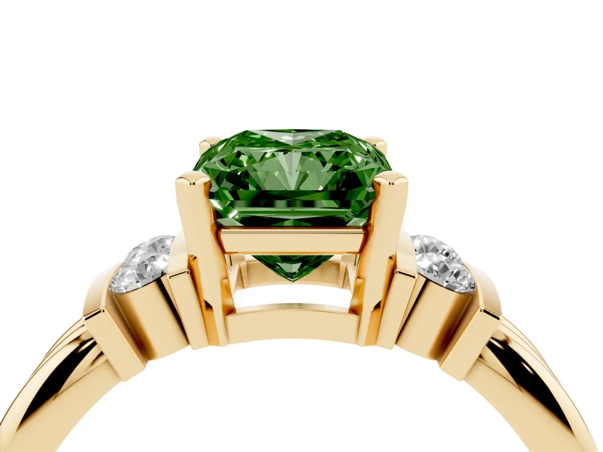 Fancy Green Radiant Cut Cut Three-Stone Channel Set Ring with Bar Prongs Yellow gold
