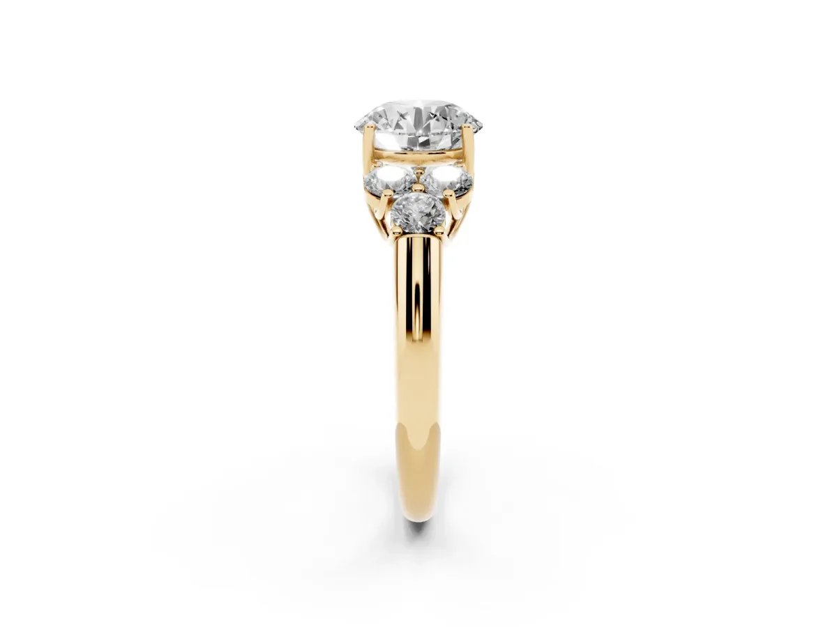 Round Cut Cut Diamond Cluster Ring with Round Accent Stones and Prong Setting on a Classic Band Yellow gold