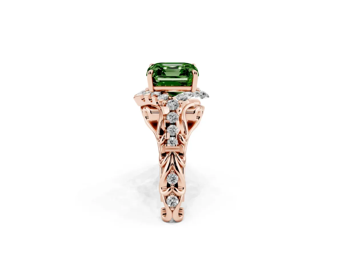 Fancy Green Asscher Cut Diamond Solitaire Ring with Hidden Halo and Pavé Band Rose gold