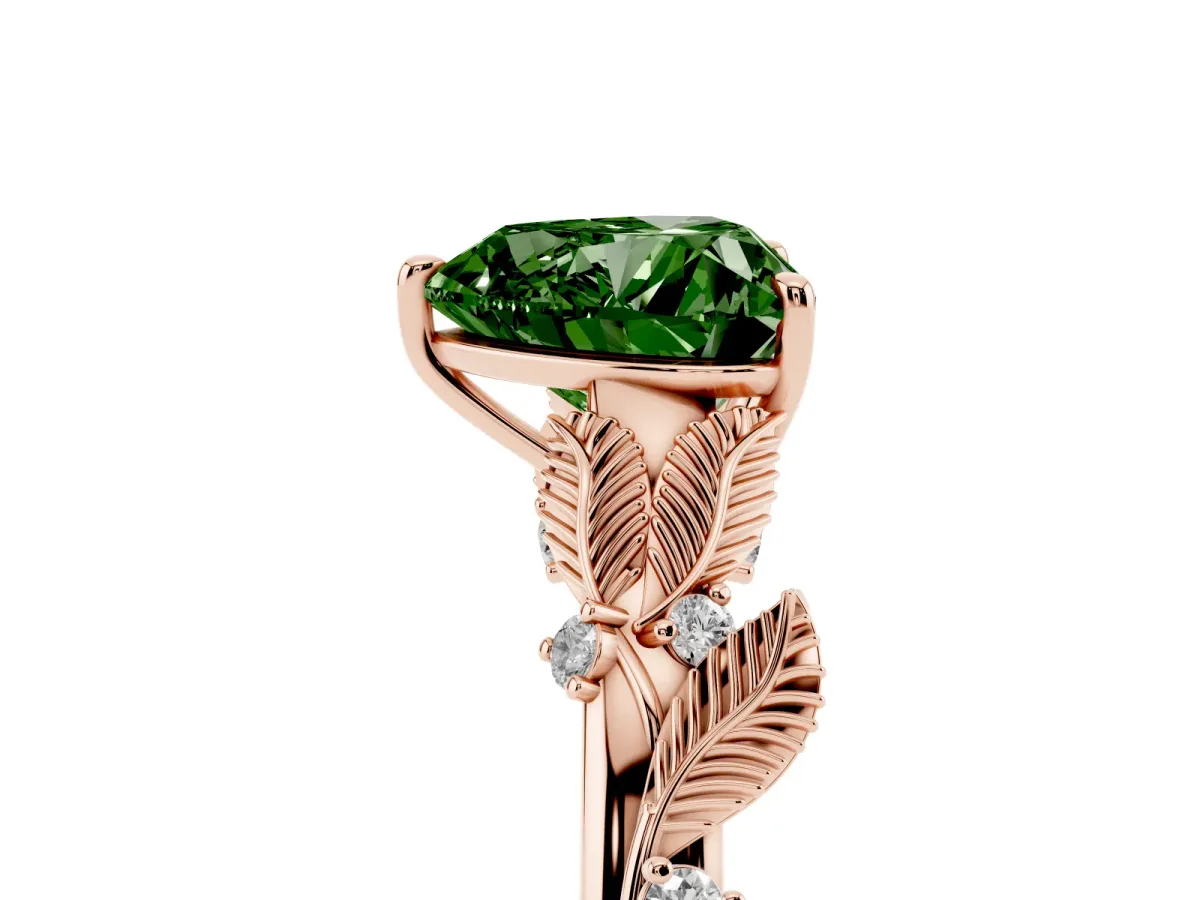 Fancy Green Heart Cut Diamond Solitaire Ring with Leaf Motif Band and Four-Prong Setting Rose gold