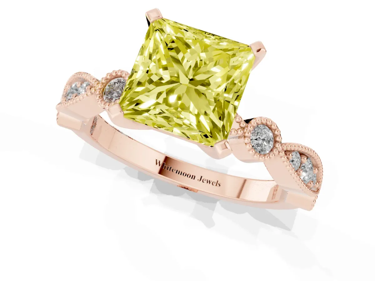 Fancy Yellow Princess Cut Milgrain Bezel Diamond Engagement Ring with Solitaire Prong Setting Rose gold